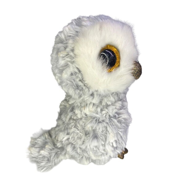 TY BEANIE BOOS OWELETTE Plush Gray White Owl Gold Glitter Eyes 6" 2017 Stuffie - Picture 5 of 11